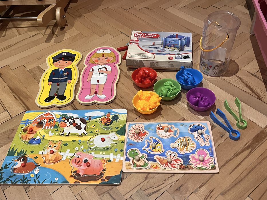 Детски дървени пъзели, животни за сортиране по цветове, игра “Риболов”