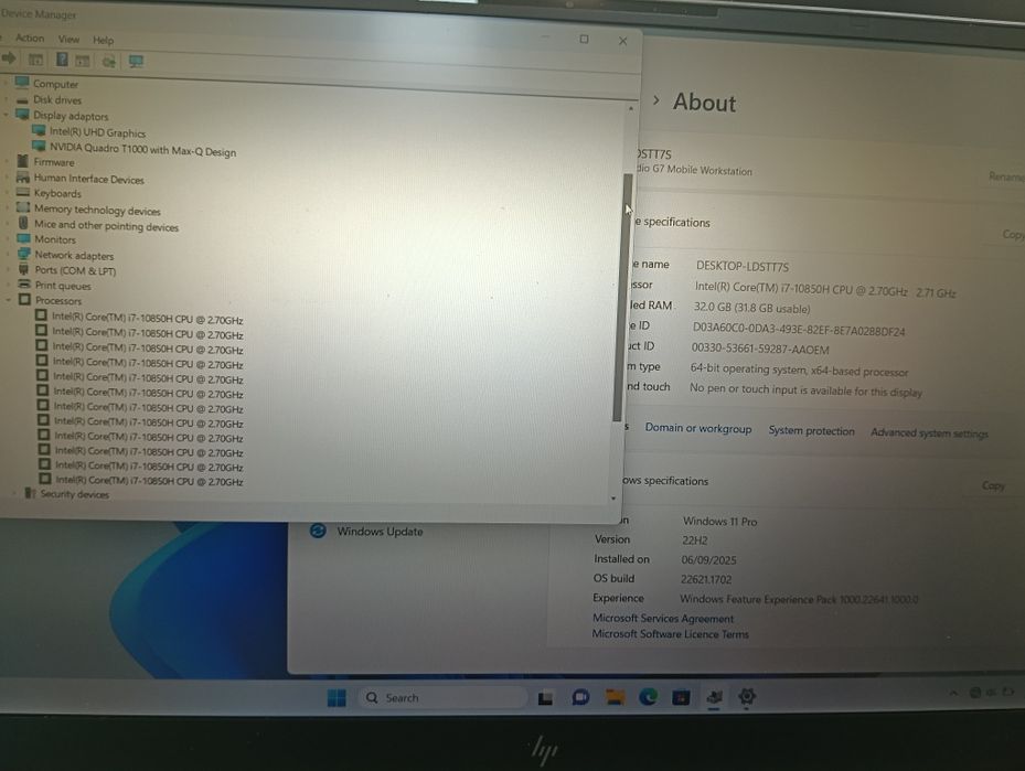 Hp zbook studio g7, i7 gen 10 32gb ram t1000