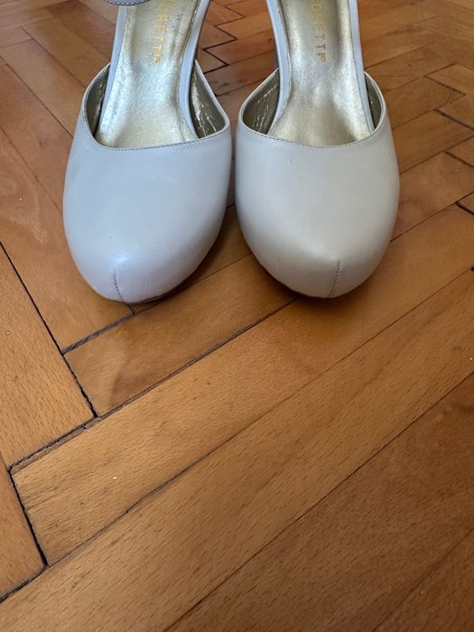 Pantofi cu toc si bareta, alb sidef, mireasa
