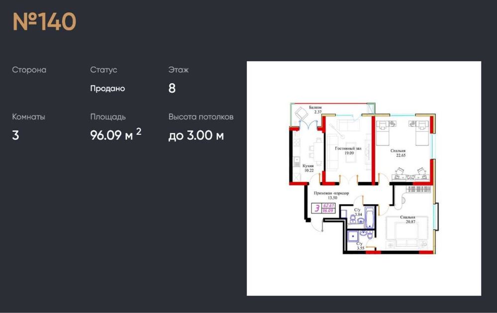 ЖК Premier House Узбек Фильм Коробка 3-комнатная 96.1 м2 Срочно