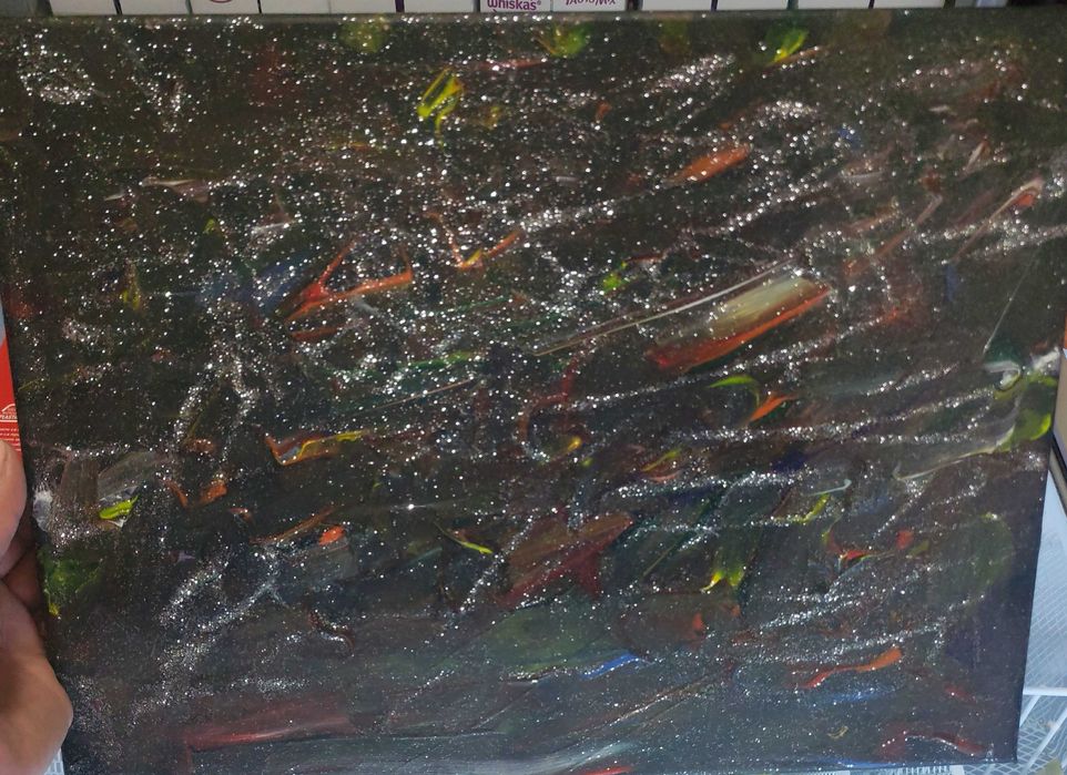 Абстрактна картина „Енергия в мрака“ – акрил и брокат върху платно