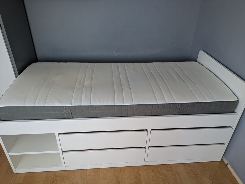 Pat 1 persoana 90x200, saltea, somieră, 4 sertare & rafturi Ikea Slakt