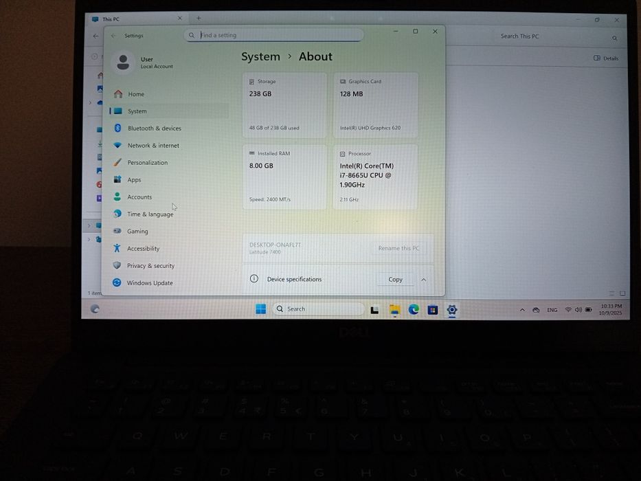 Dell Latidude 7400, i7, gen 8th, 8 GB RAM, 256 GB SSD, 14"