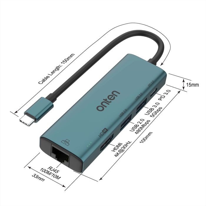 Универсальный USB-C хаб Onten UC125 — HDMI, RJ45, USB 3.0, USB 2.0