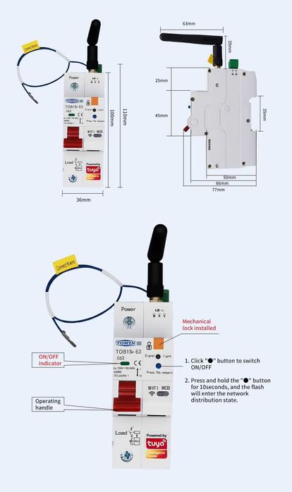 TOB1S-63 RS485 WIFI управление 1P+N AC 1-63A OVP UVP OCP Заключване