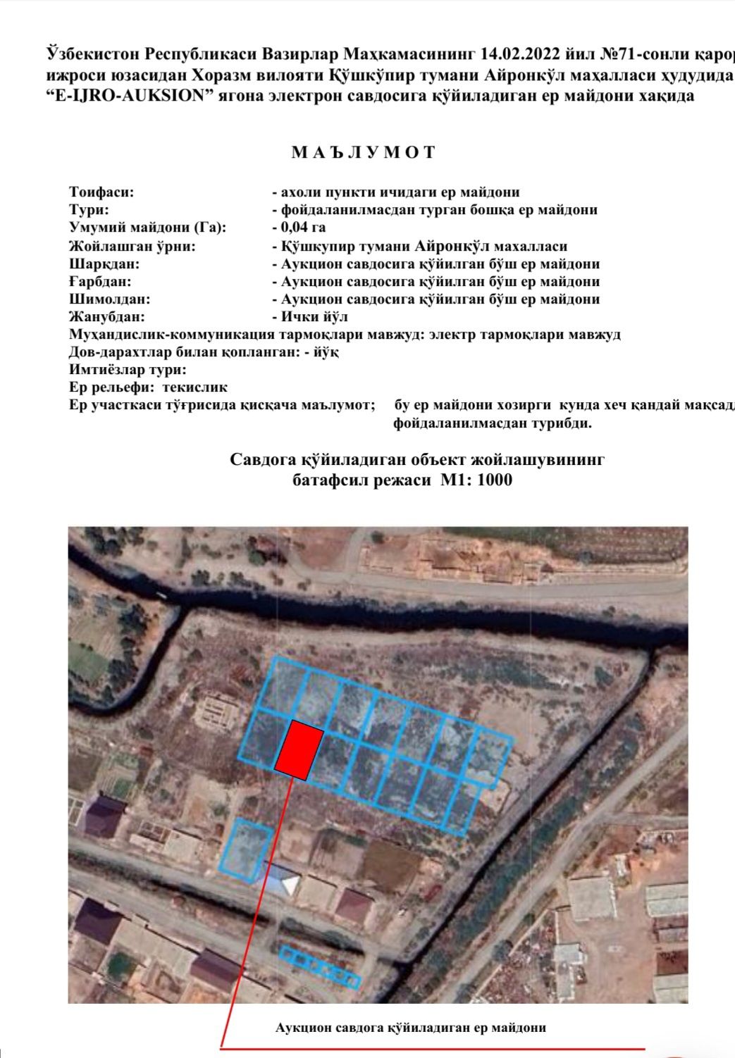 Кушкупир тумани Айронкул МФЙдан 400 м.кв жой урни сотилади