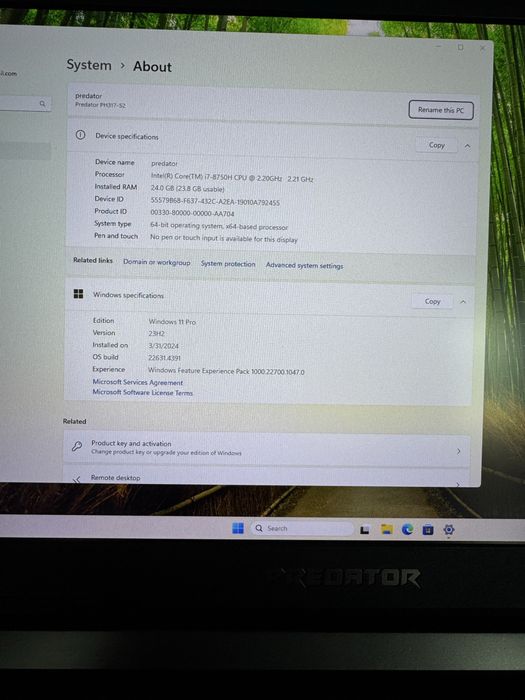 Laptop de gaming Acer Predator Helios 300 *i7 cu 24GB RAM  750GB SSD