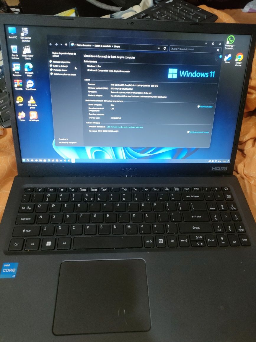 Laptop Acer Generație 11 8gb RAM hard 256  nvme