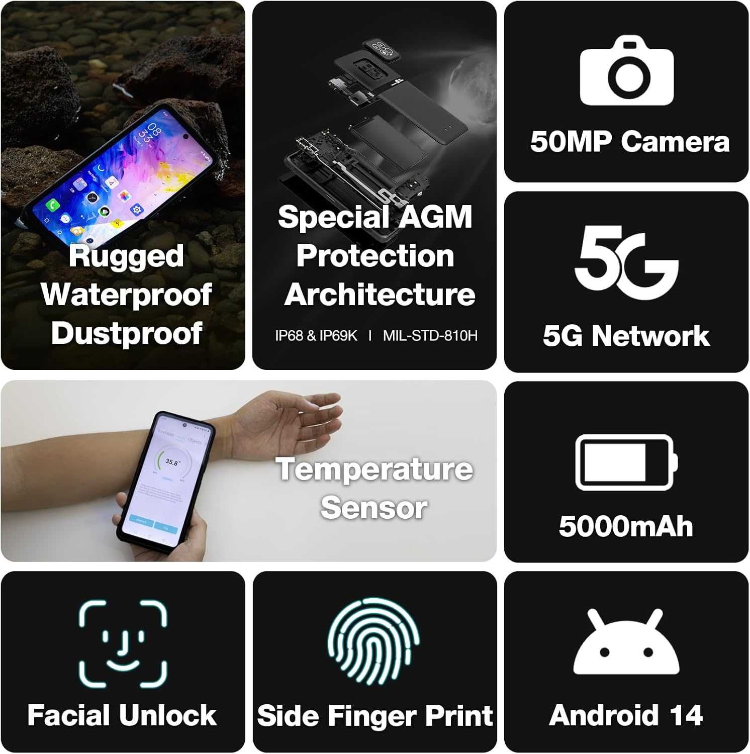 AGM X6 5G отключен смартфон, 8GB+128GB, 6.78'' FHD+,Android 14,две SIM
