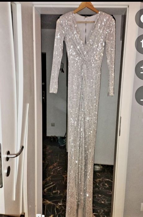 Rochie gala argintie cu trena