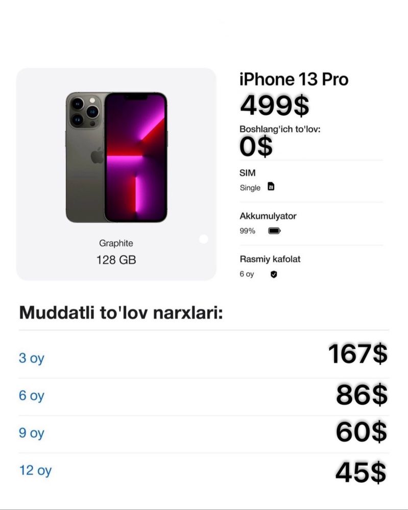 iphone 13 pro | boshlangich tulovsiz nasiya