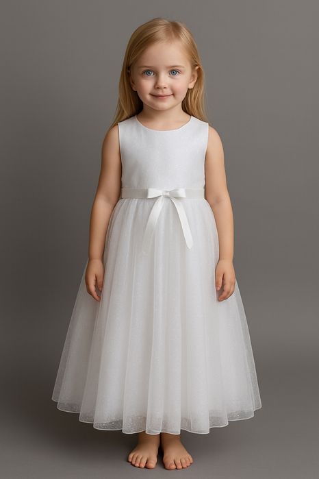 Детска официална бяла рокля с блестящ тюл