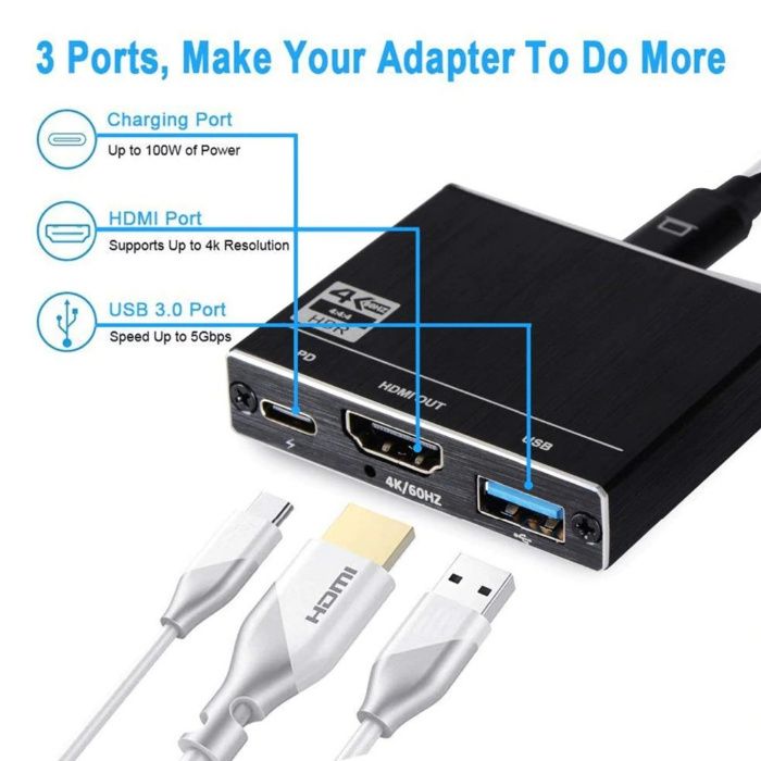 3in1 Convertor USB-C la HDMI 4K + USB 3.0 + USB tip C telefon laptop