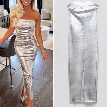zara рокля с пайети, бяла, сребърна