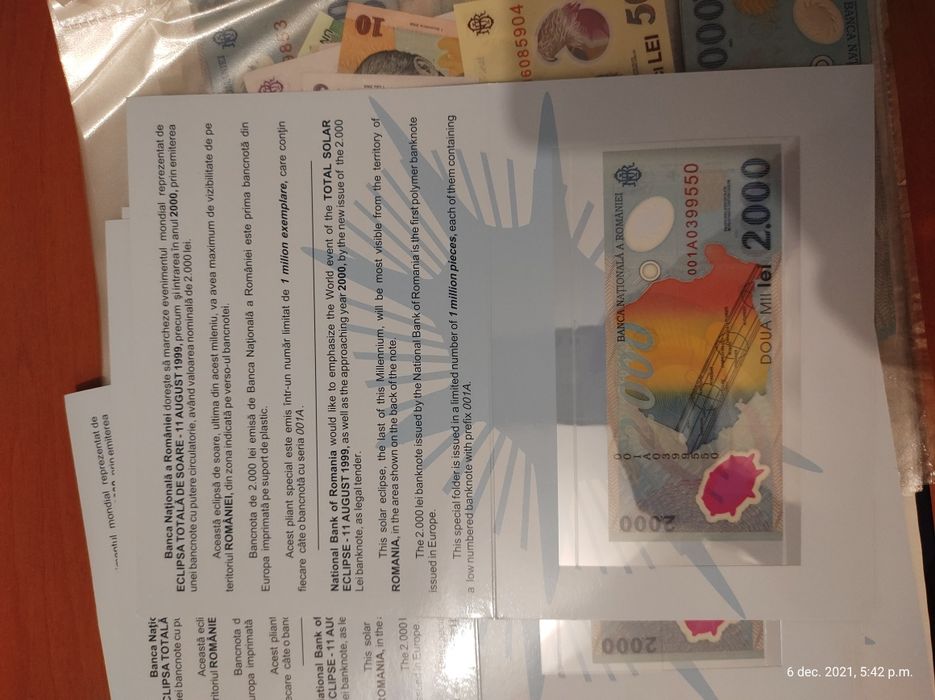 Bancnota eclipsa 2000 lei necirculata UNC serii consecitive 001A0