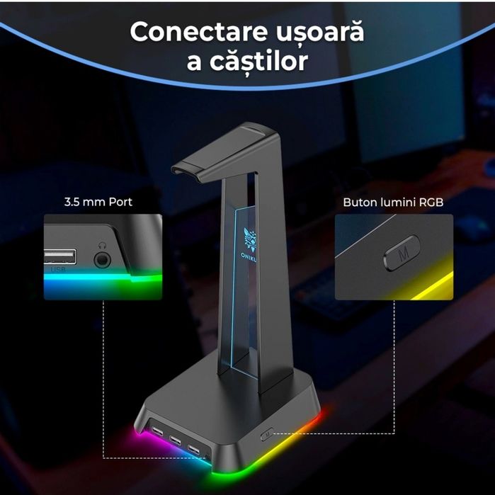 Onikuma ST-2 NOU/Sigilat Suport Casti RGB cu 3 intrari USB si RCA