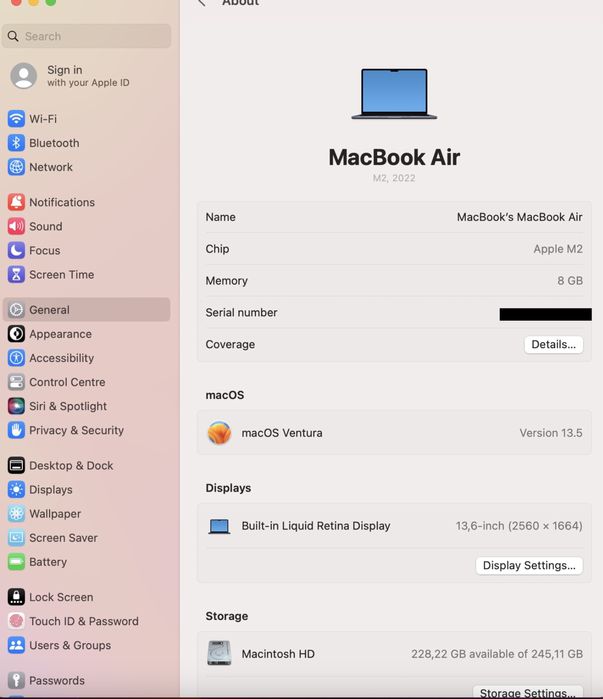 MacBook Air 13-inch / Apple M2 / 8 GB/ 256 GB / Ca nou |