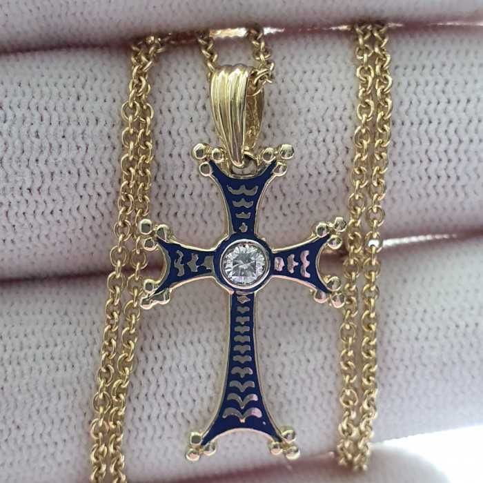 Lant Si Cruce Aur 14K Cu Email Si Diamant Natural