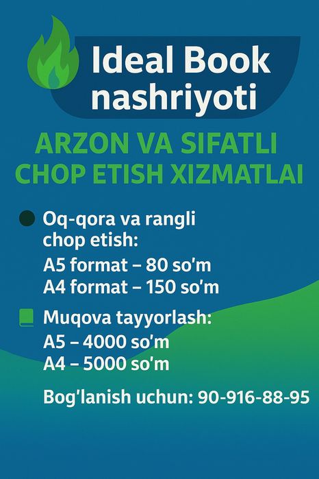 Ideal book nashriyoti. Arzon va sifatli chop etish xizmatlari.
Mana ya