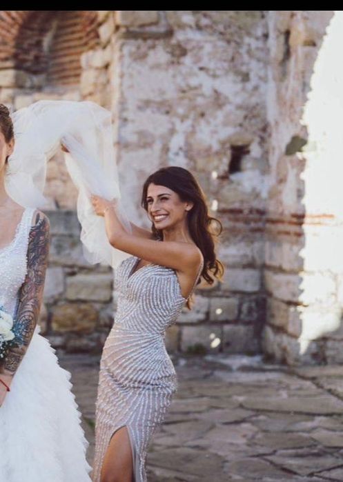 Официална бална дълга рокля с камъни и твърди чашки