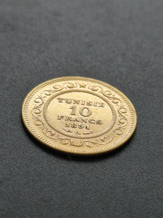 10 франка 1891 год, Тунис,Али бей, злато 3.23 гр,900/1000 (21.6 карата
