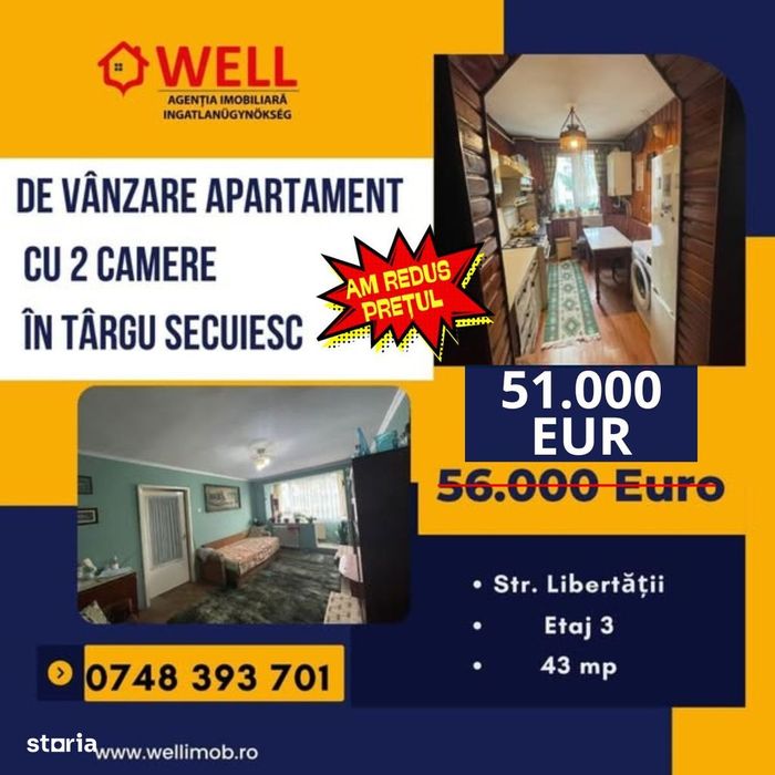 De vânzare apartament cu 2 camere în Târgu Secuiesc