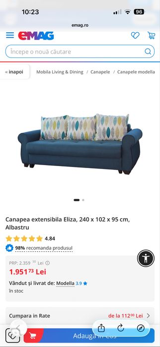 Canapea extensibila Eliza, 240 x 102 x 95 cm, Albastră