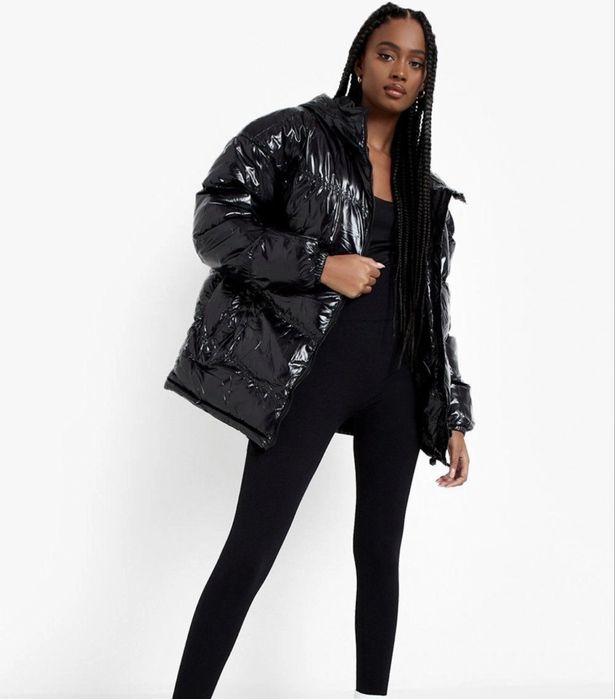 boohoo черно зимно дамско яке puffer лъскаво