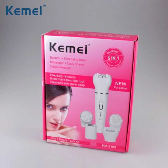 Епилатор Kemei 5 в 1, Бръснене, Масаж, Почистване и Ексфолиране