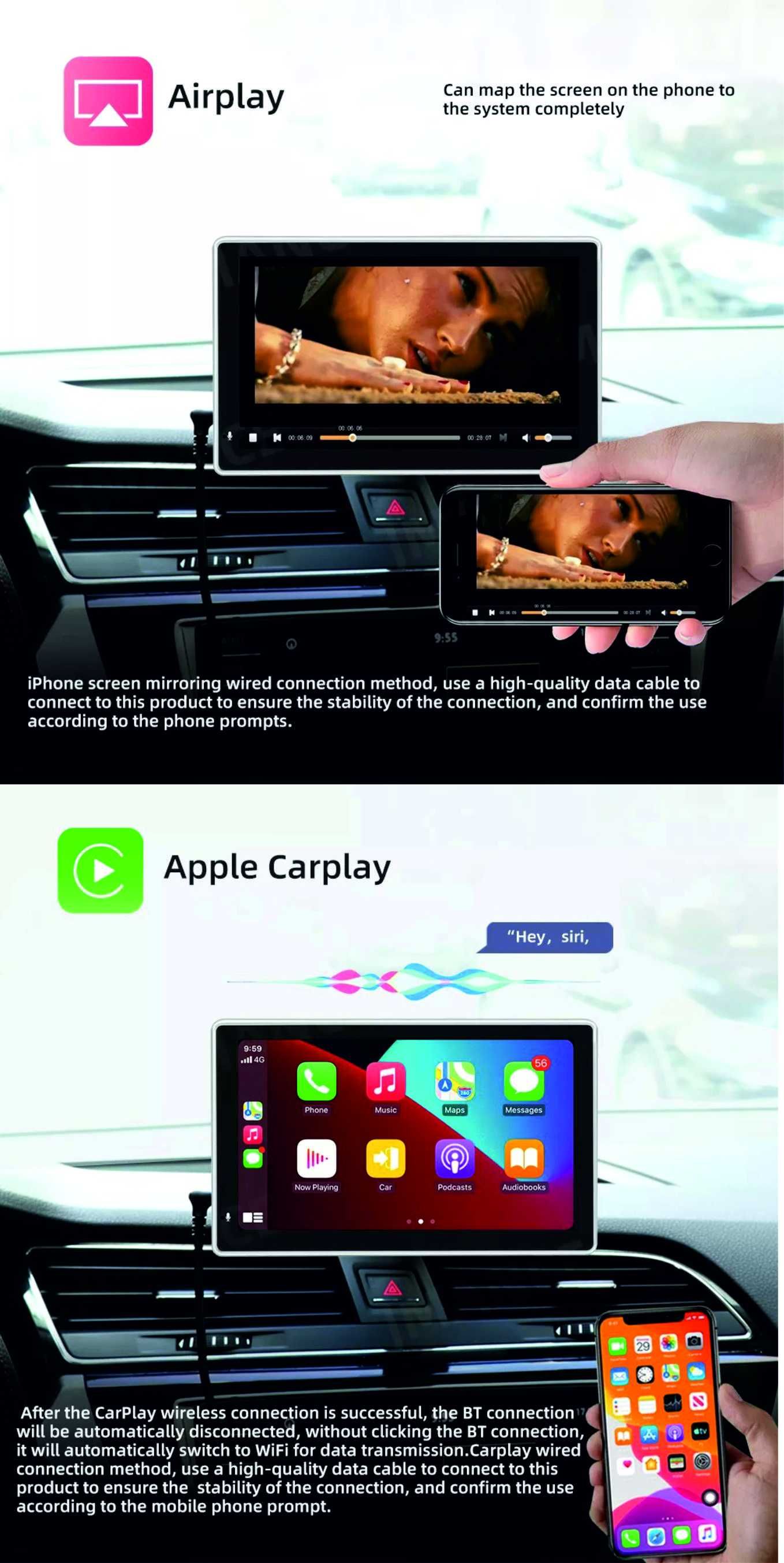 CarPlay IOS Apple Android Auto 7 inch pentru bord sau parbriz wireless