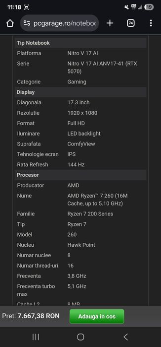 Laptop gaming acer nitro v17 5070 17.3 inch 144hz