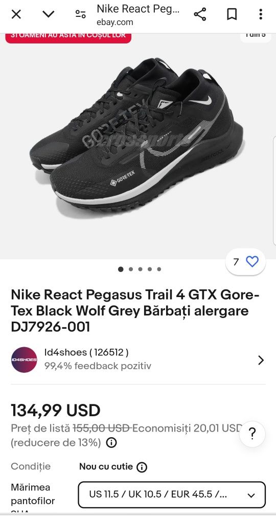 Nike React Pegasus Trail 4 GTX Gore-Tex Black Wolf Grey, Nr. 45, 5 EU