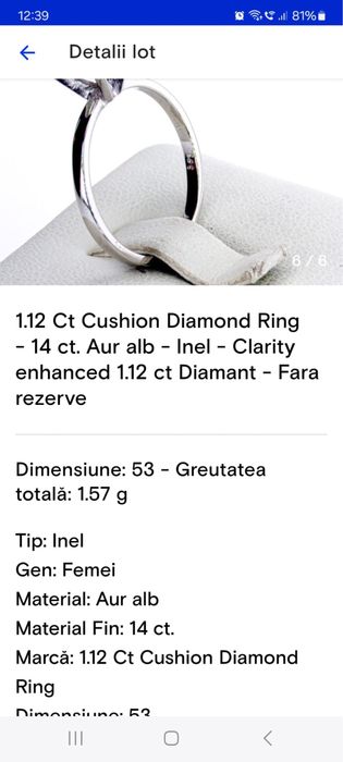 Inel din aur alb, cu diamant natural de 1,12 carate