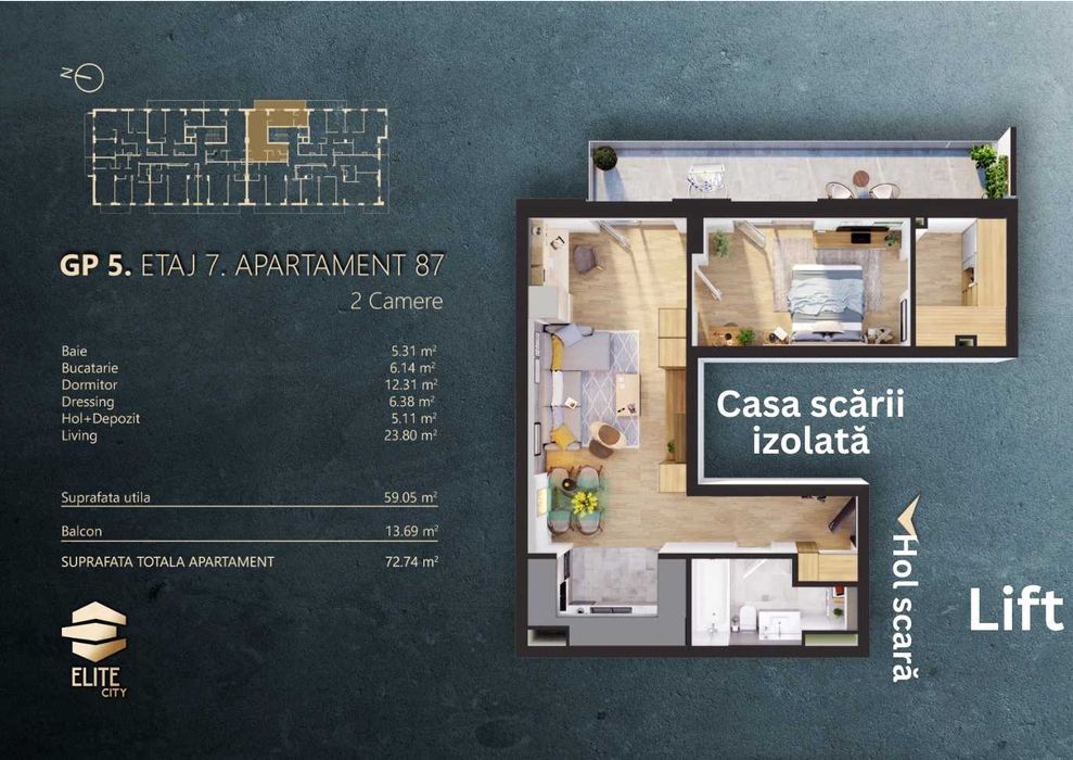 PF Apartament 2 camere, CF,finisat 60mp terasa garaj, view Elite City