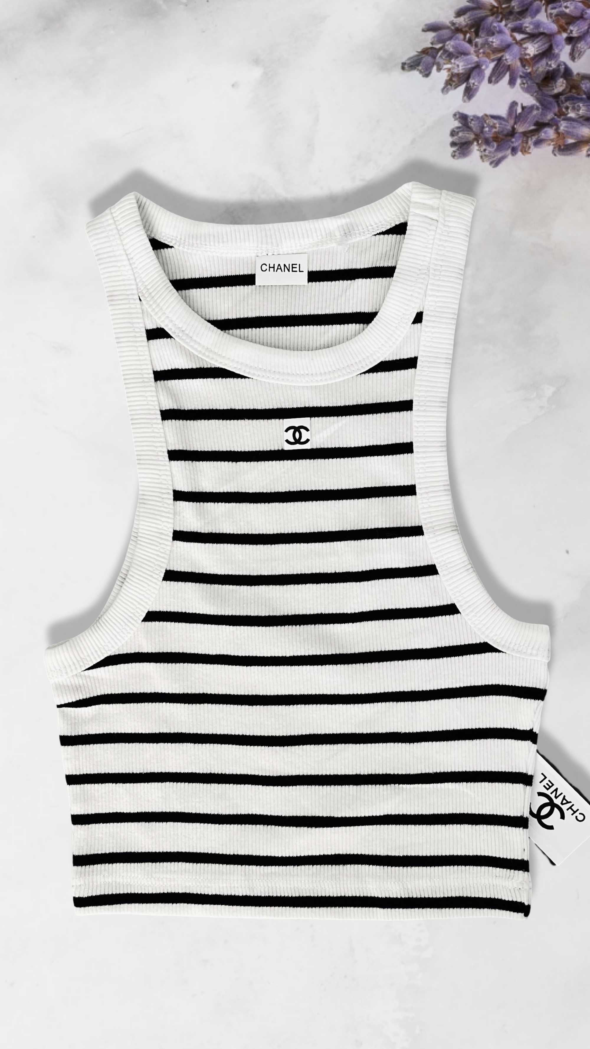 шанел потниче кроп топ рае зерен бял черно късичко къс летен chanel