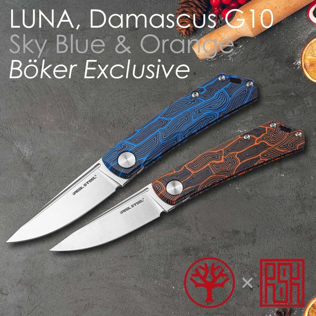 Briceag Real Steel Luna Damascus G10, cu maner G10 orange, lama D2