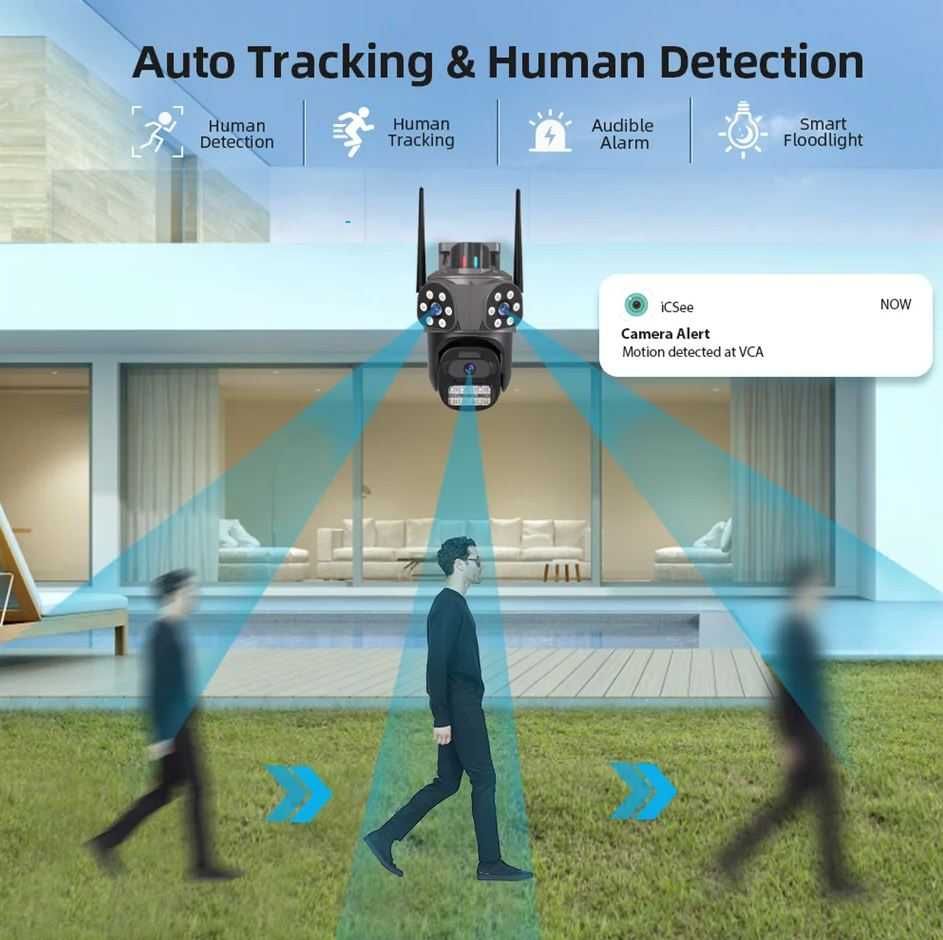 Тройна външна въртяща WiFi AI камера с три обектива, ICSee, Черна