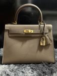 Hermes Kelly 25 Etoupe Epsom Sellier style gold hardware