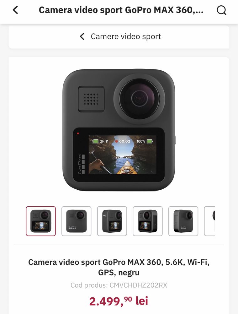 Vand / schimb Camera video GoPro MAX 360, 5.6K, Wi-Fi, GPS, negru