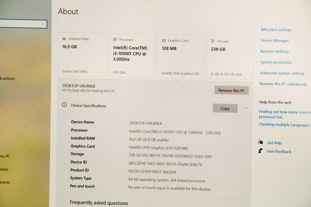 HP ProDesk 400 G6 Mini / i3-10100T / 256GB / 16GB / UHD 630 / Wi-Fi