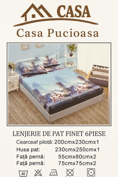 Lenjerie pat pentru Craciun ,6 piese bumbac finet ,Casa Pucioasa