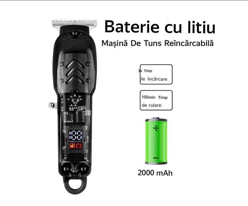 Aparat de tuns, transparent,lame otel inoxidabil, bat Li-Ion