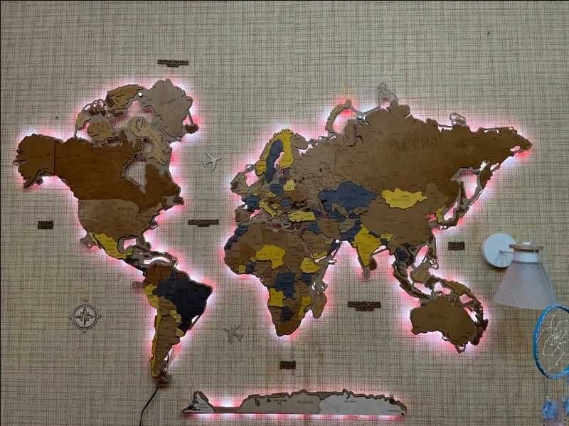 Карта мира из дерева. Настенный декор. Подарок. Карта мира детям
