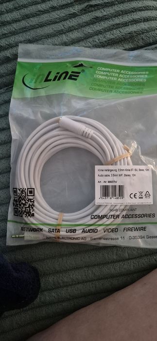 : Cablu prelungitor audio jack stereo 3.5 mm 3 pini T-M 10 m Alb