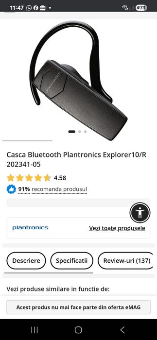 Cască bluetooth plantronics in stare bună de funcționare,