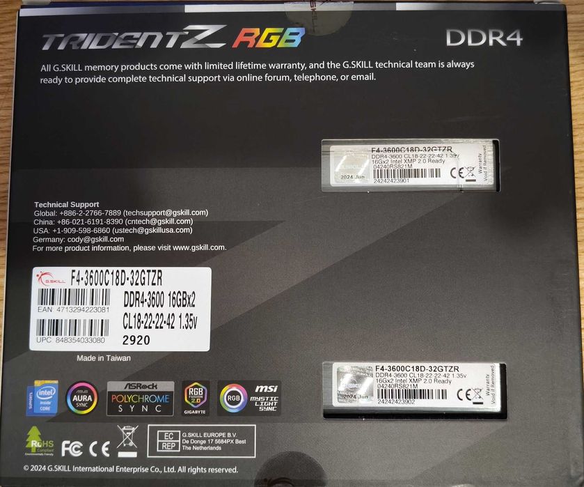 Ram G.Skill Trident Z RGB, 2x16GB, DDR4, 3600MHz, CL18