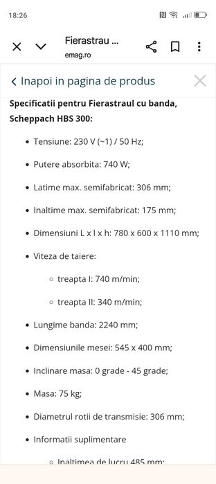 HBS300 Scheppach Fierastrau cu banda / Banzic , putere motor 0.74 kW ,