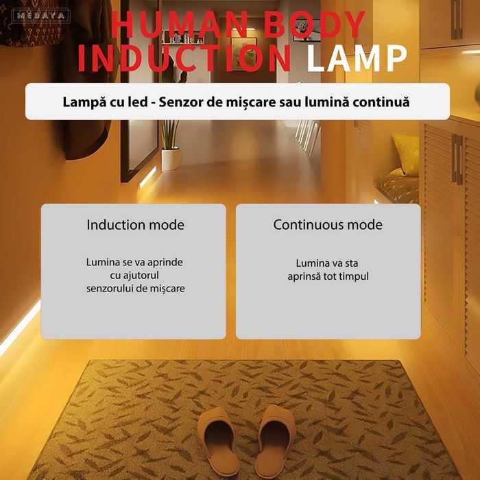 Lampa led sensor miscare, reglabila, 3 tipuri lumina, acumulator, 30cm