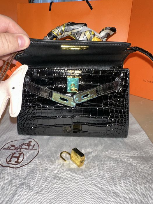 Geanta Hermes Kelly 19cm black piele croco