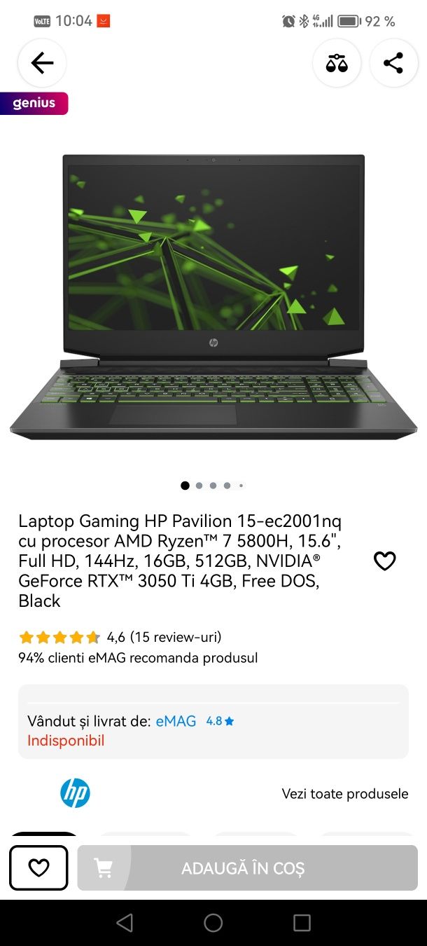 Vând laptop HP Pavilion, ca nou, garanție Emag, 5800H, RTX 3050TI,16GB